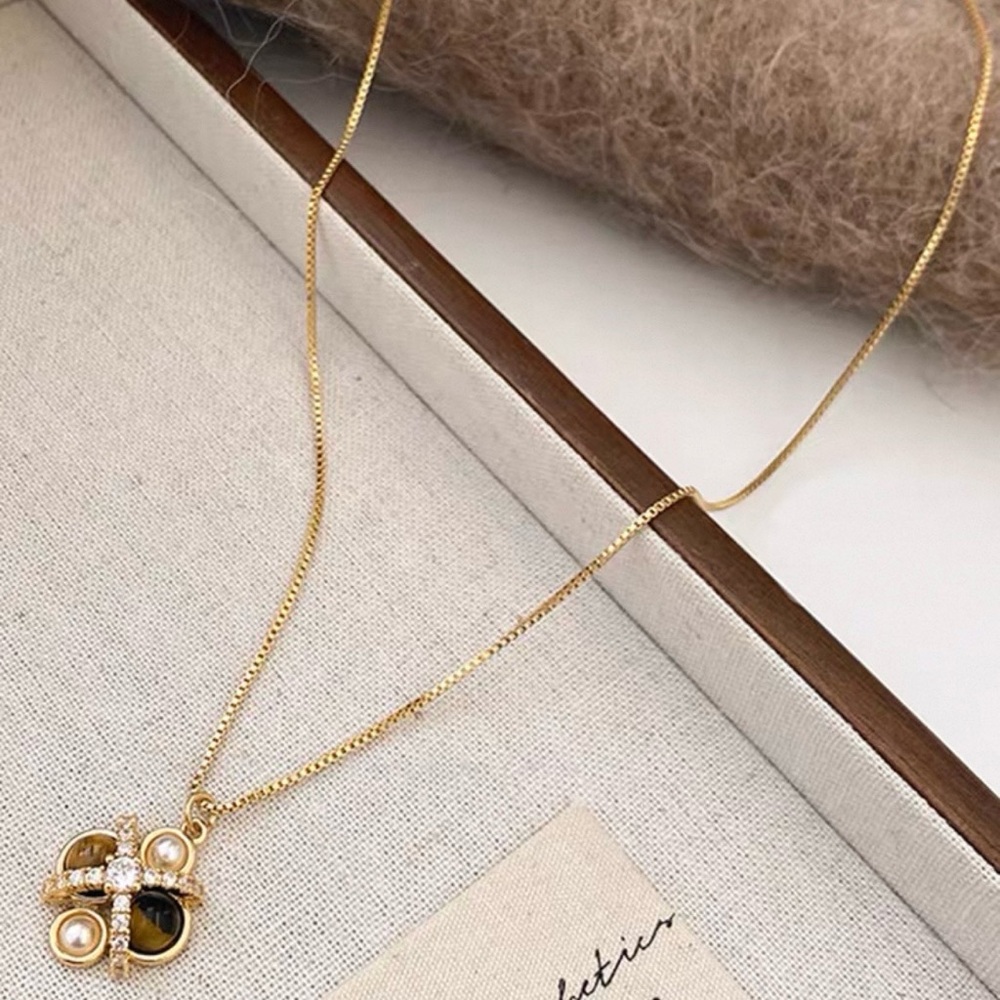 Gold Tone Clover Pendant Necklace with Pearl & Crystal Accents